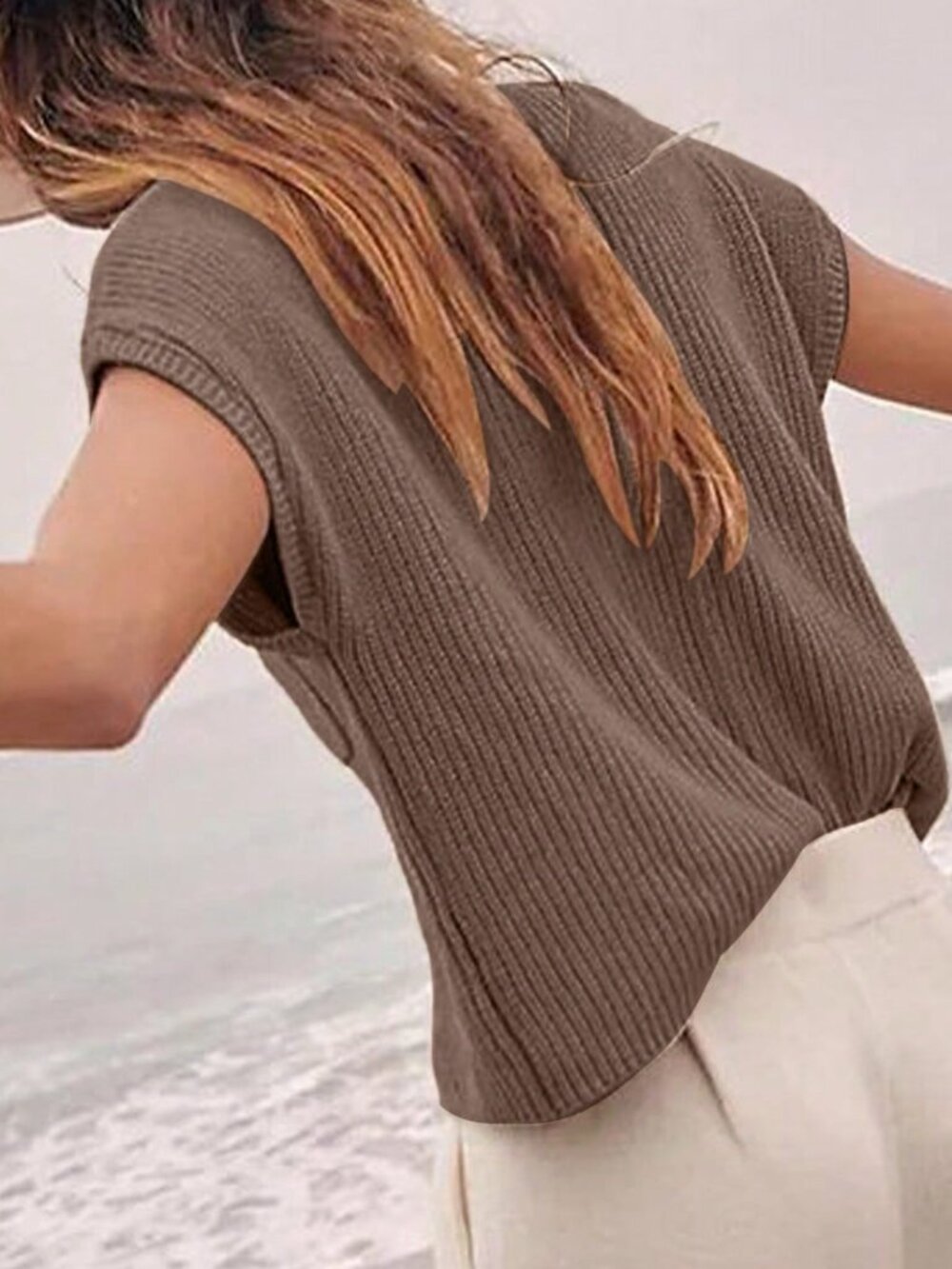 Khaki Casual Women's Cap Sleeve Pocket Knit Top - Picture 2 of 7